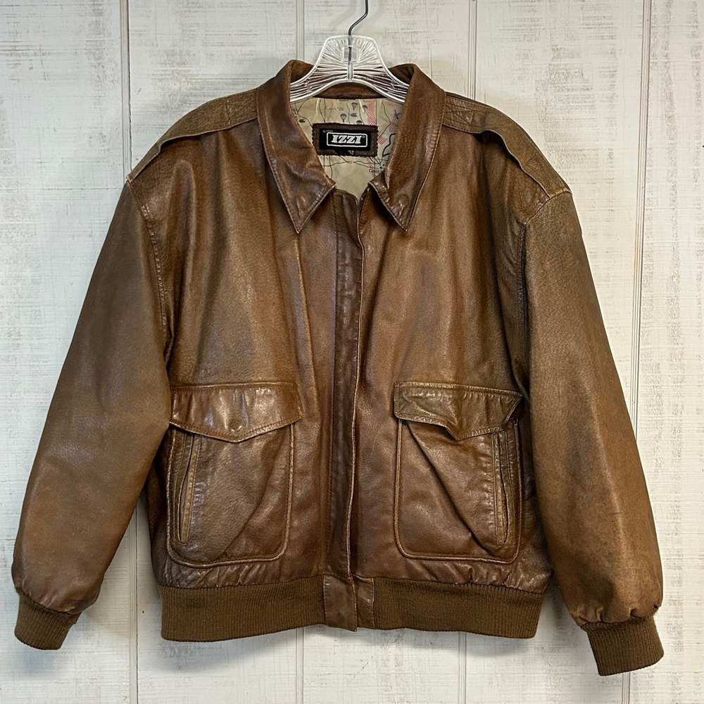 Vintage Izzi Mens Brown Leather Bomber Flight Jacket L Zip 80s Classic Rugged